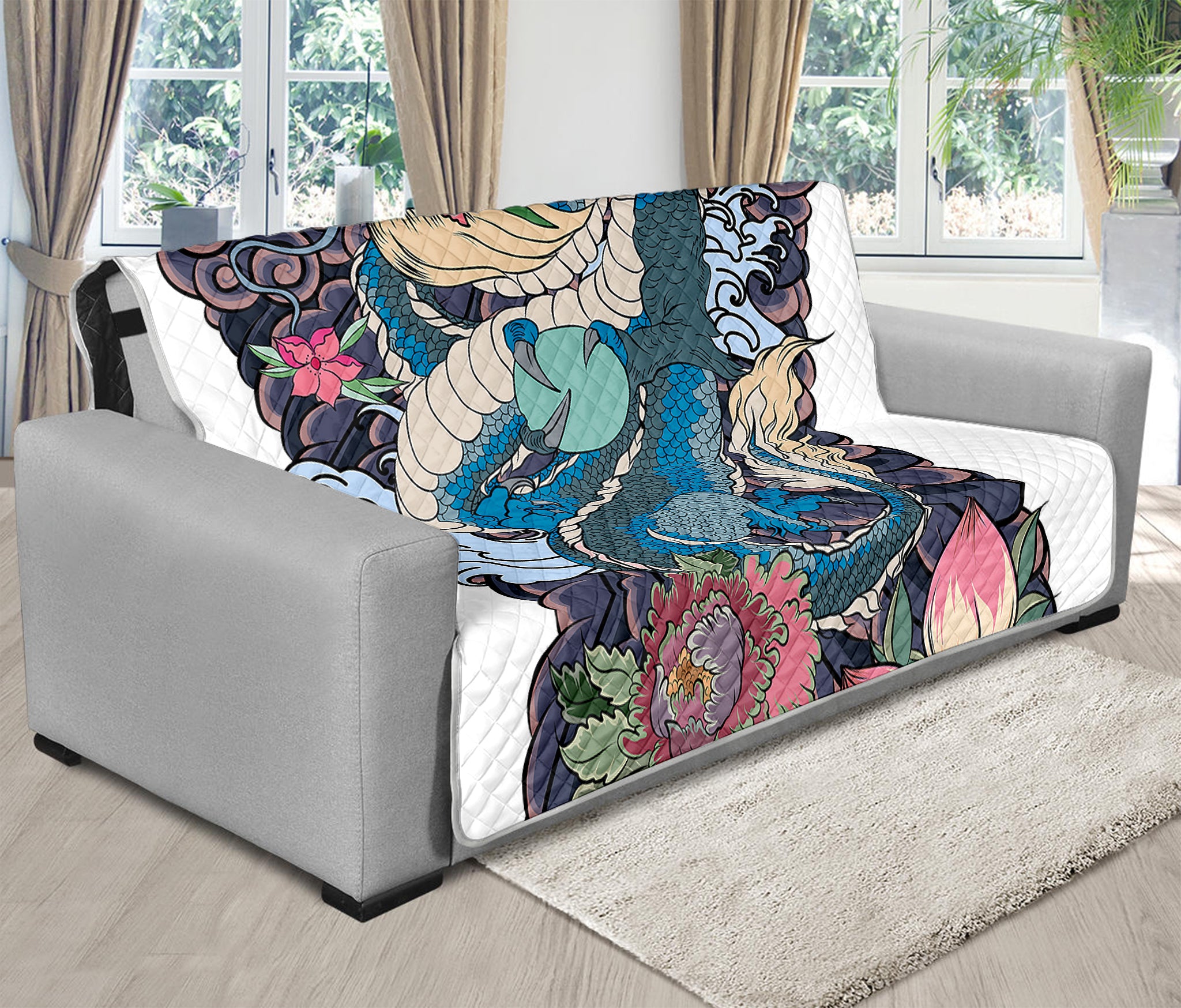 Blue Japanese Dragon Tattoo Print Futon Protector