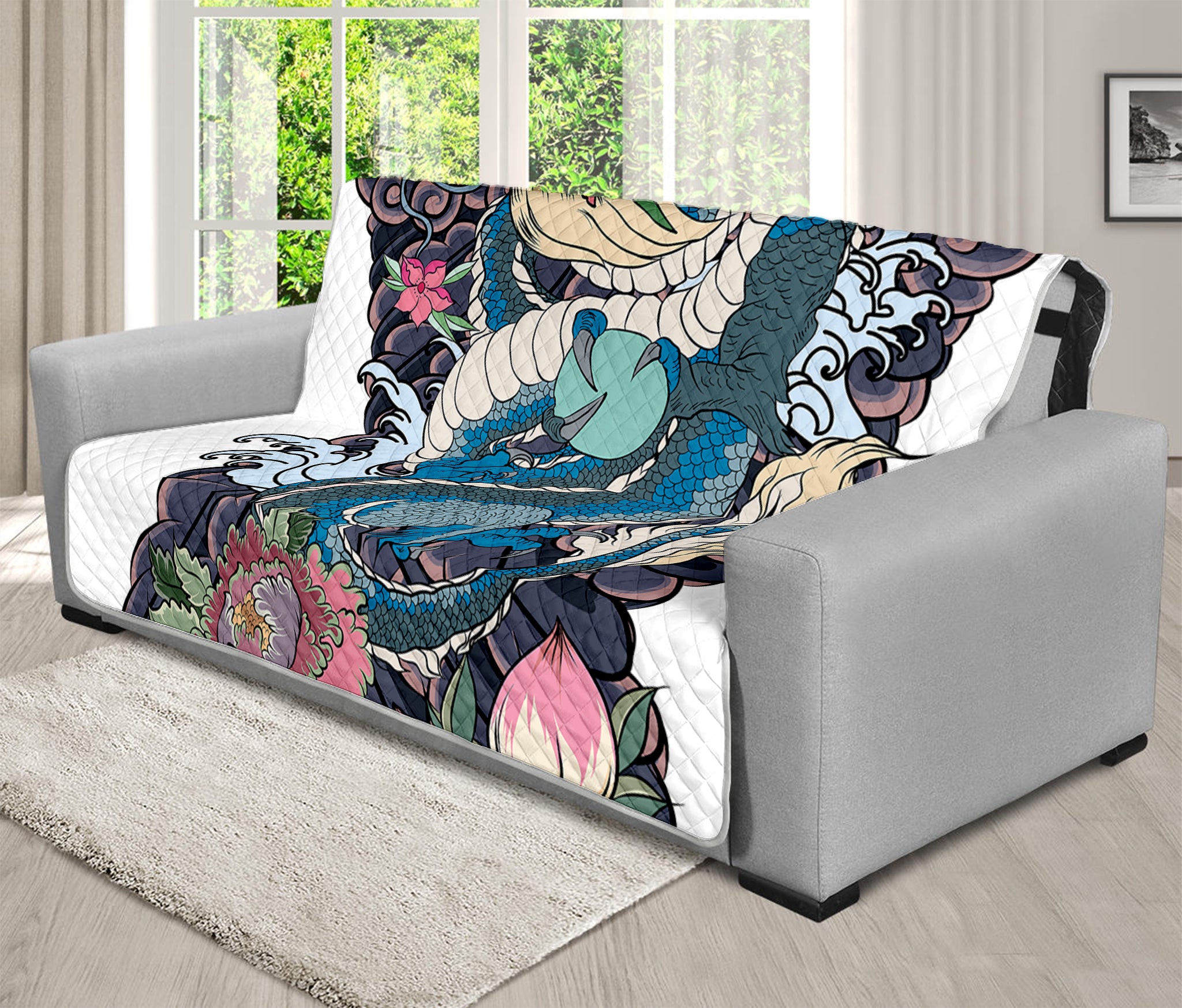 Blue Japanese Dragon Tattoo Print Futon Protector