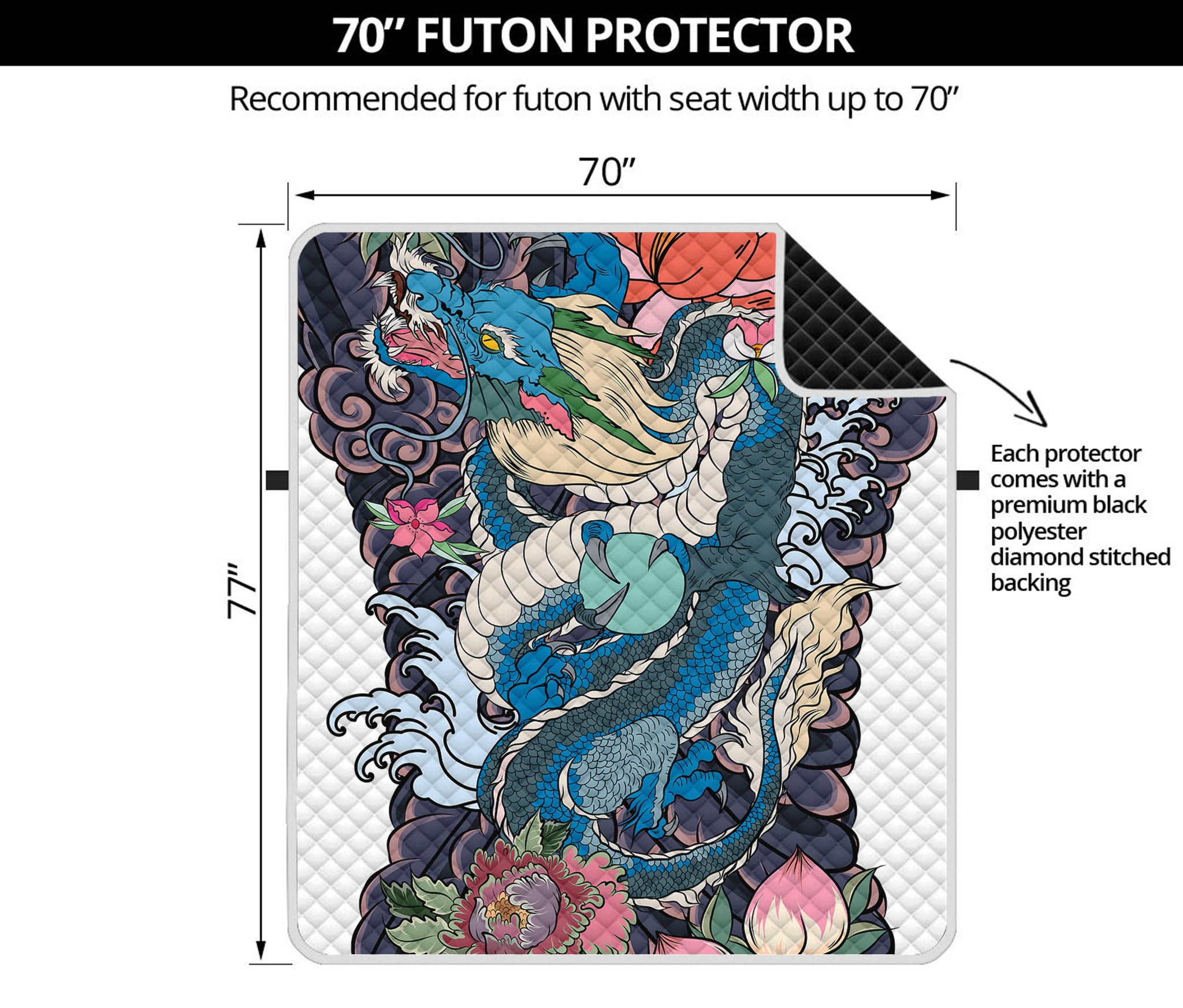 Blue Japanese Dragon Tattoo Print Futon Protector