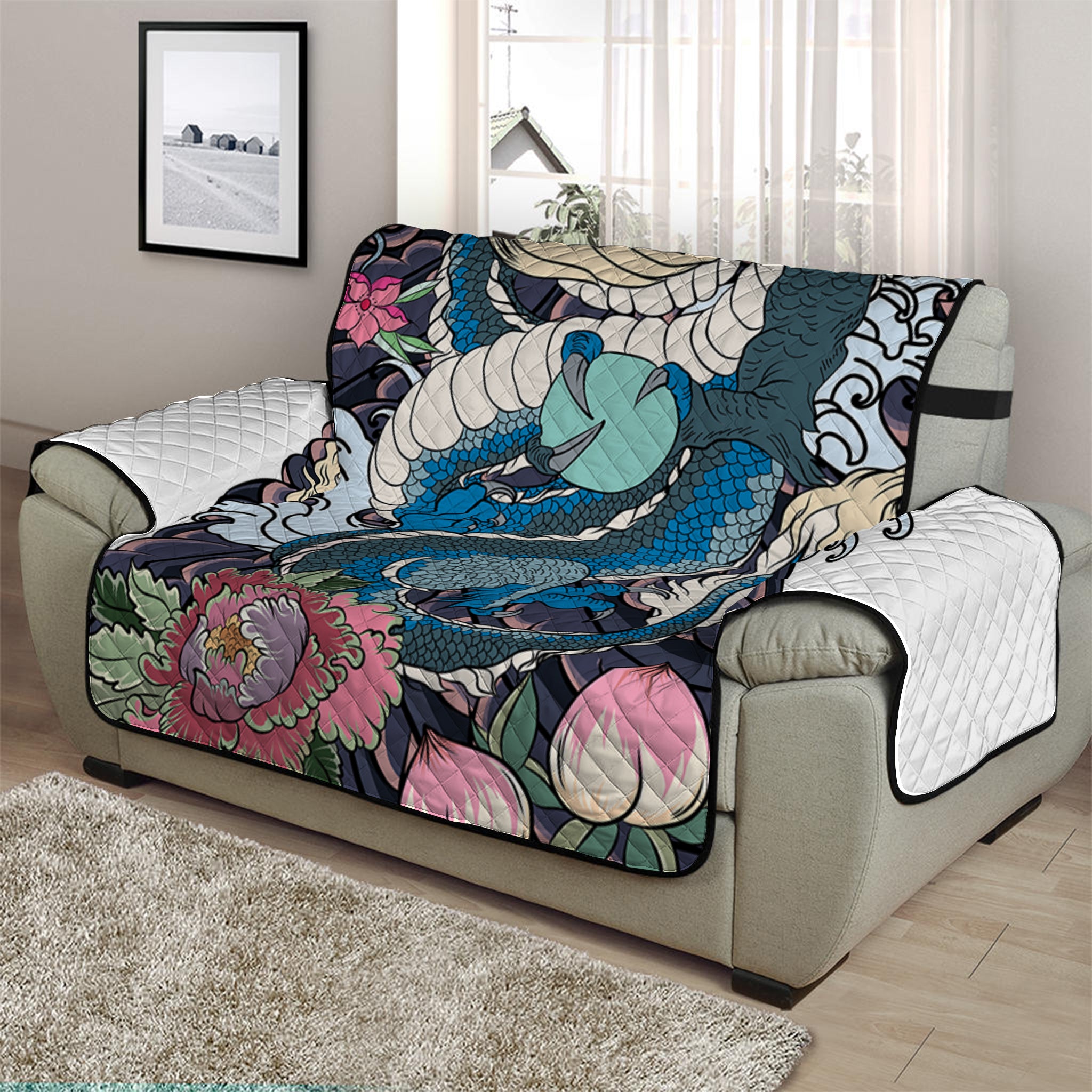 Blue Japanese Dragon Tattoo Print Half Sofa Protector