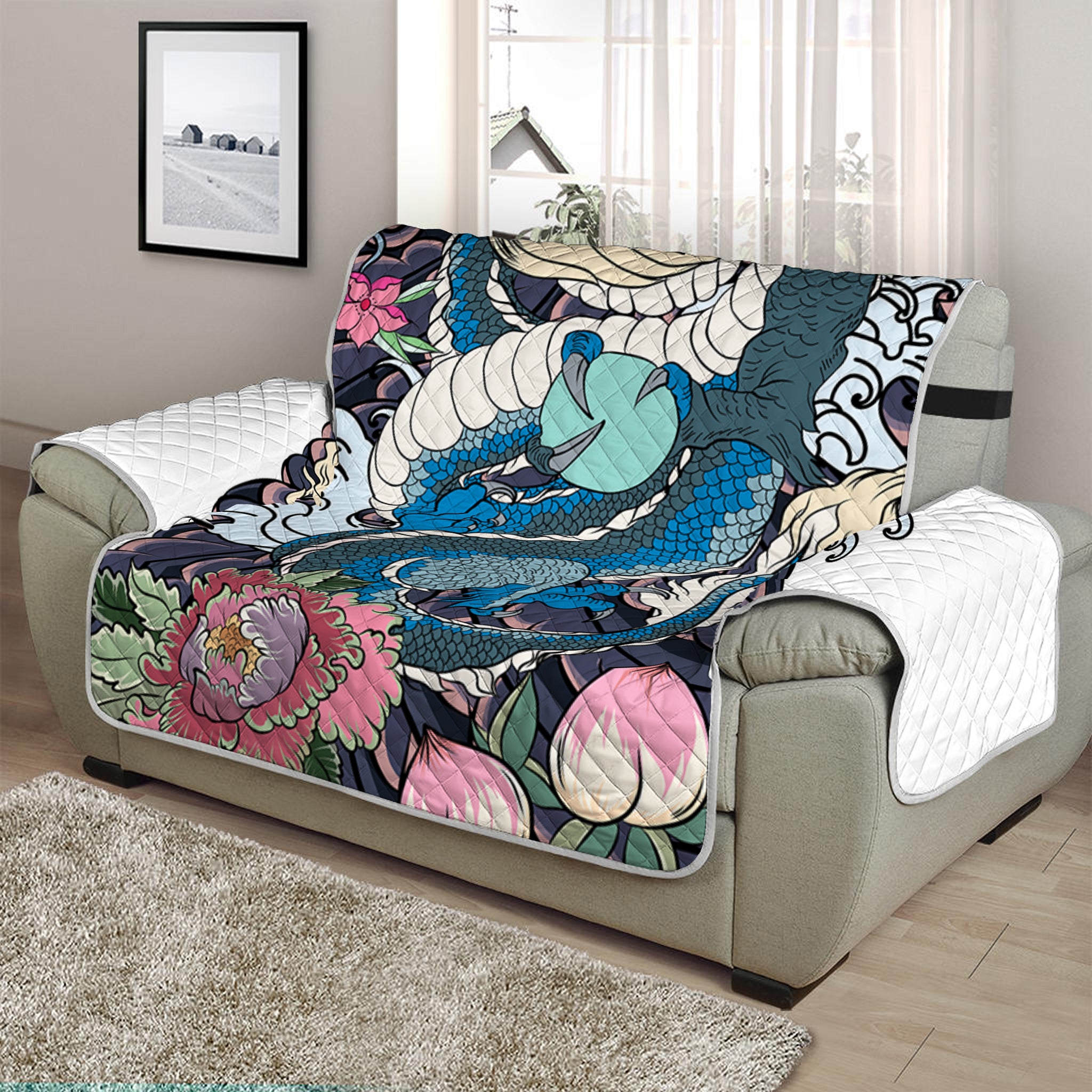 Blue Japanese Dragon Tattoo Print Half Sofa Protector