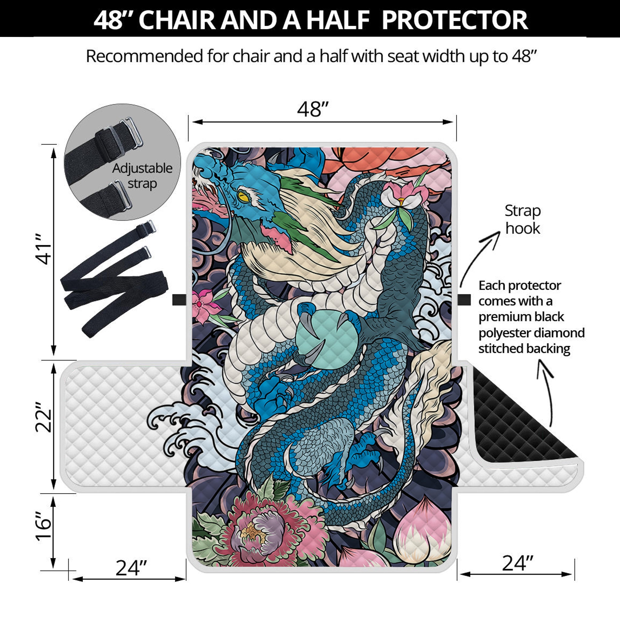 Blue Japanese Dragon Tattoo Print Half Sofa Protector