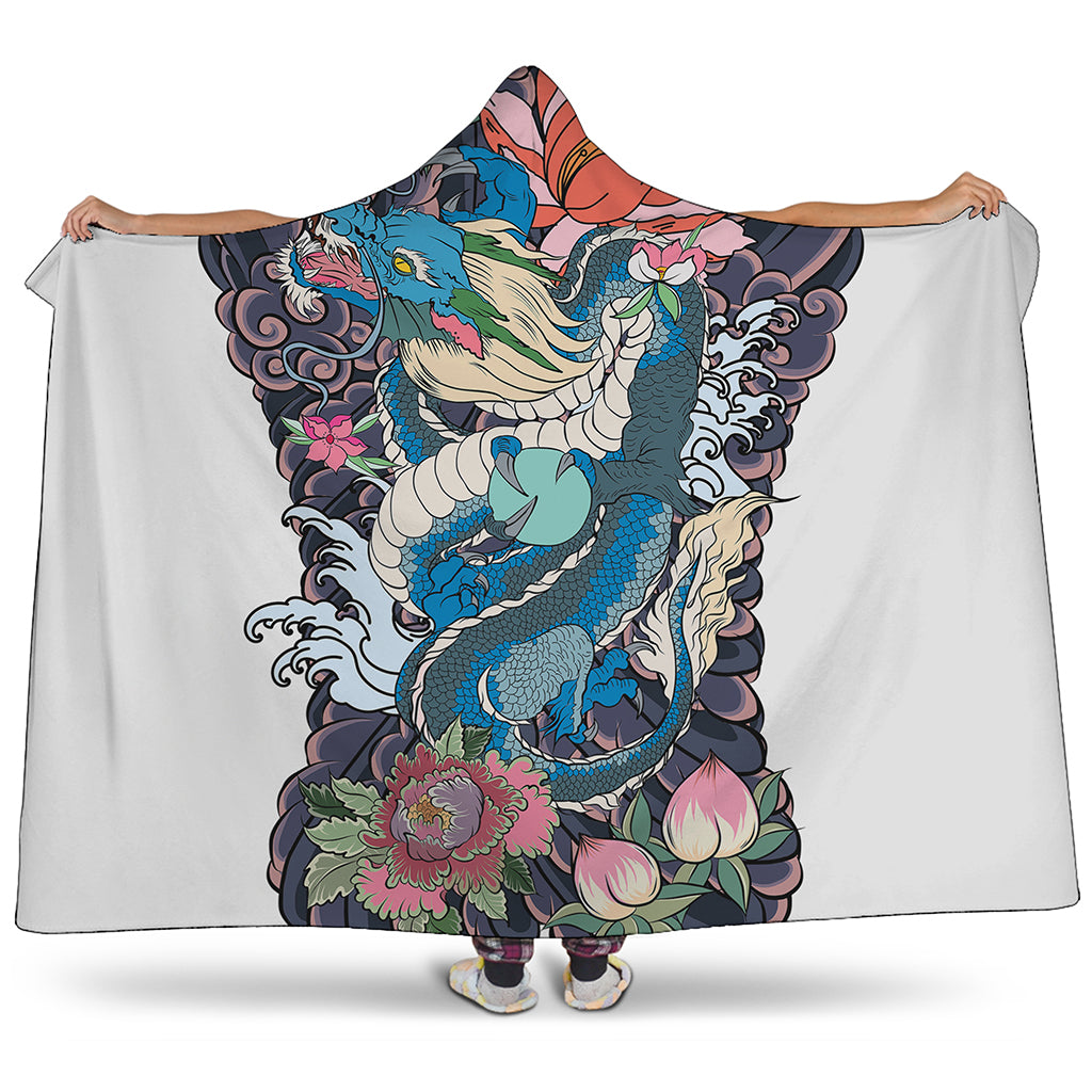 Blue Japanese Dragon Tattoo Print Hooded Blanket