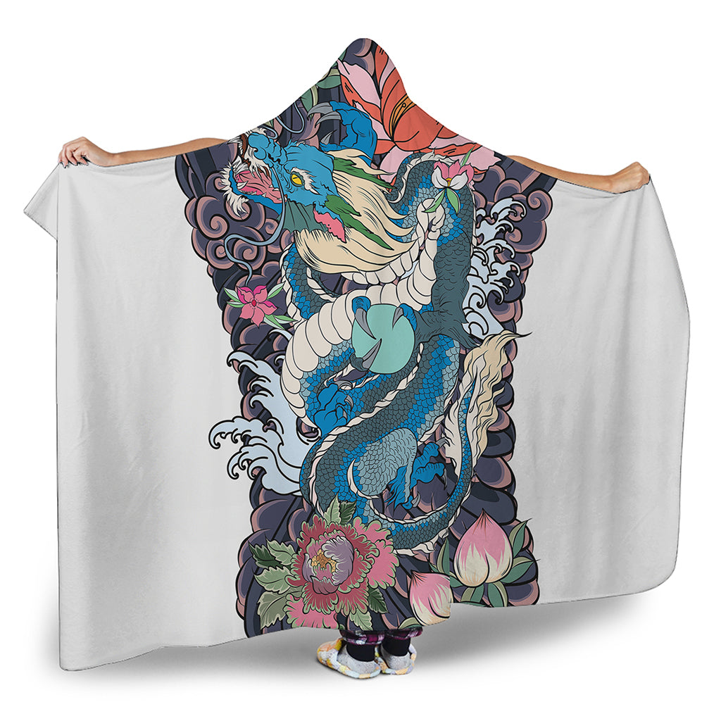 Blue Japanese Dragon Tattoo Print Hooded Blanket