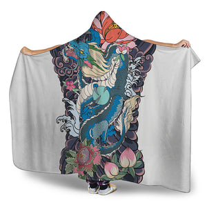 Blue Japanese Dragon Tattoo Print Hooded Blanket