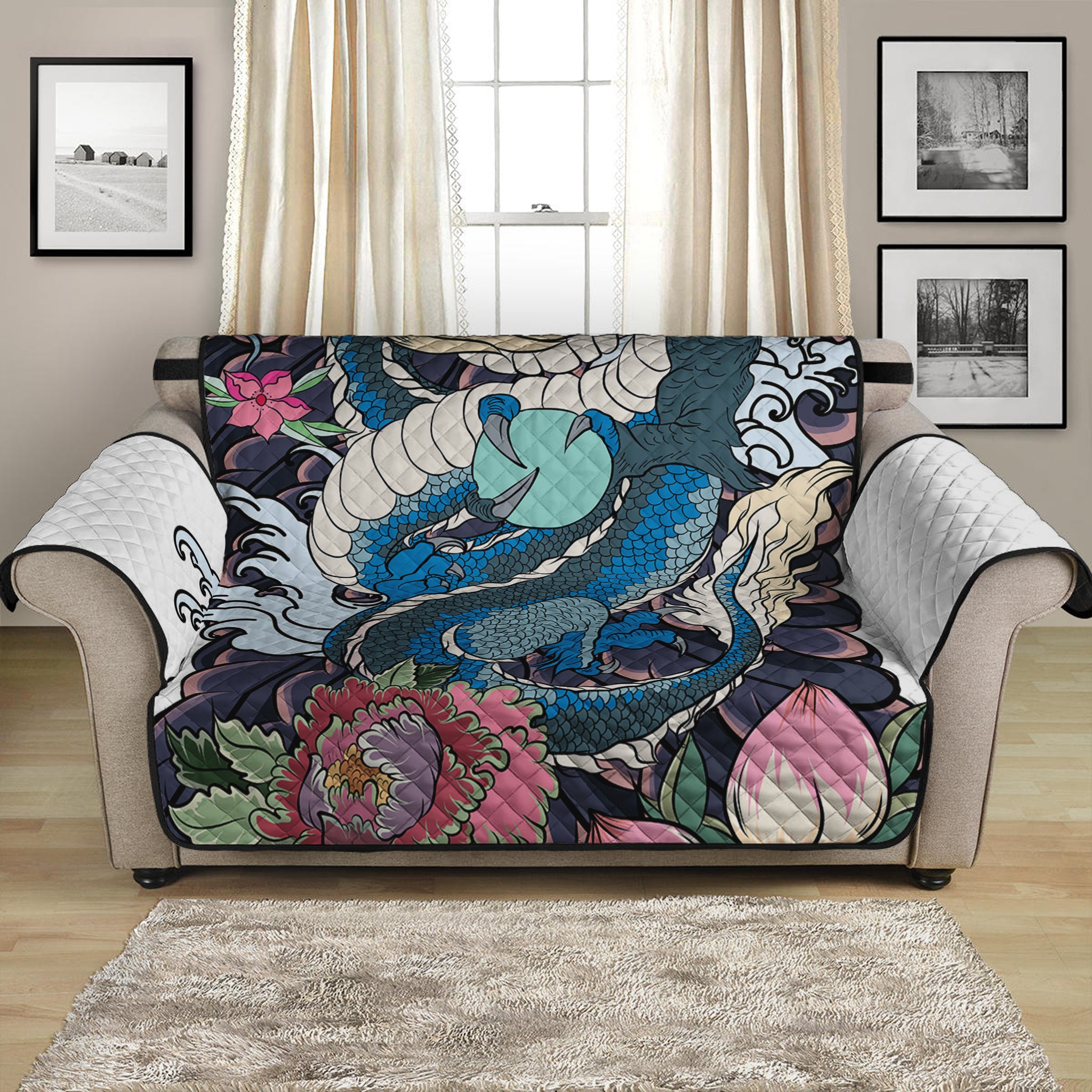 Blue Japanese Dragon Tattoo Print Loveseat Protector