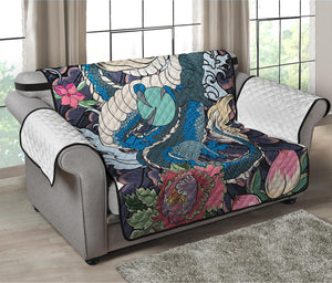 Blue Japanese Dragon Tattoo Print Loveseat Protector