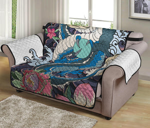 Blue Japanese Dragon Tattoo Print Loveseat Protector