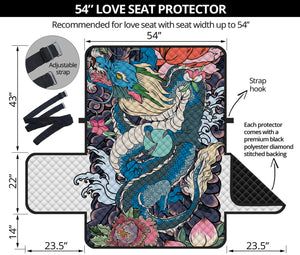 Blue Japanese Dragon Tattoo Print Loveseat Protector