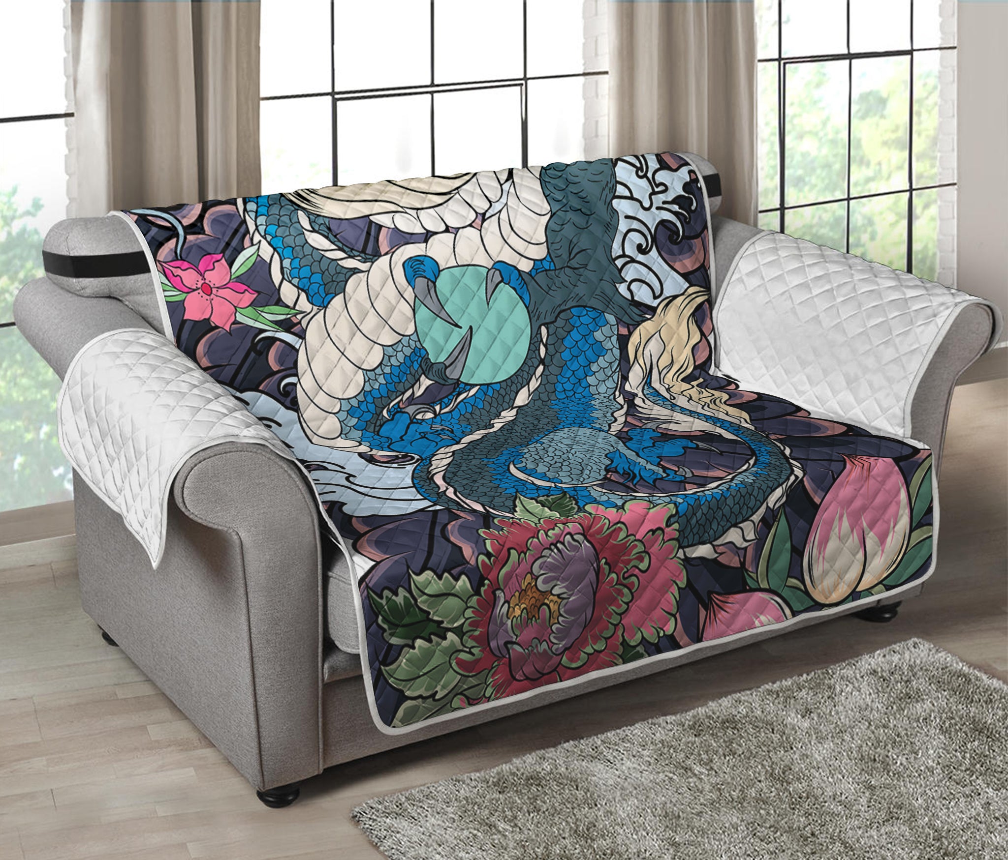 Blue Japanese Dragon Tattoo Print Loveseat Protector