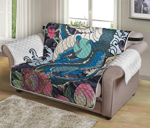 Blue Japanese Dragon Tattoo Print Loveseat Protector