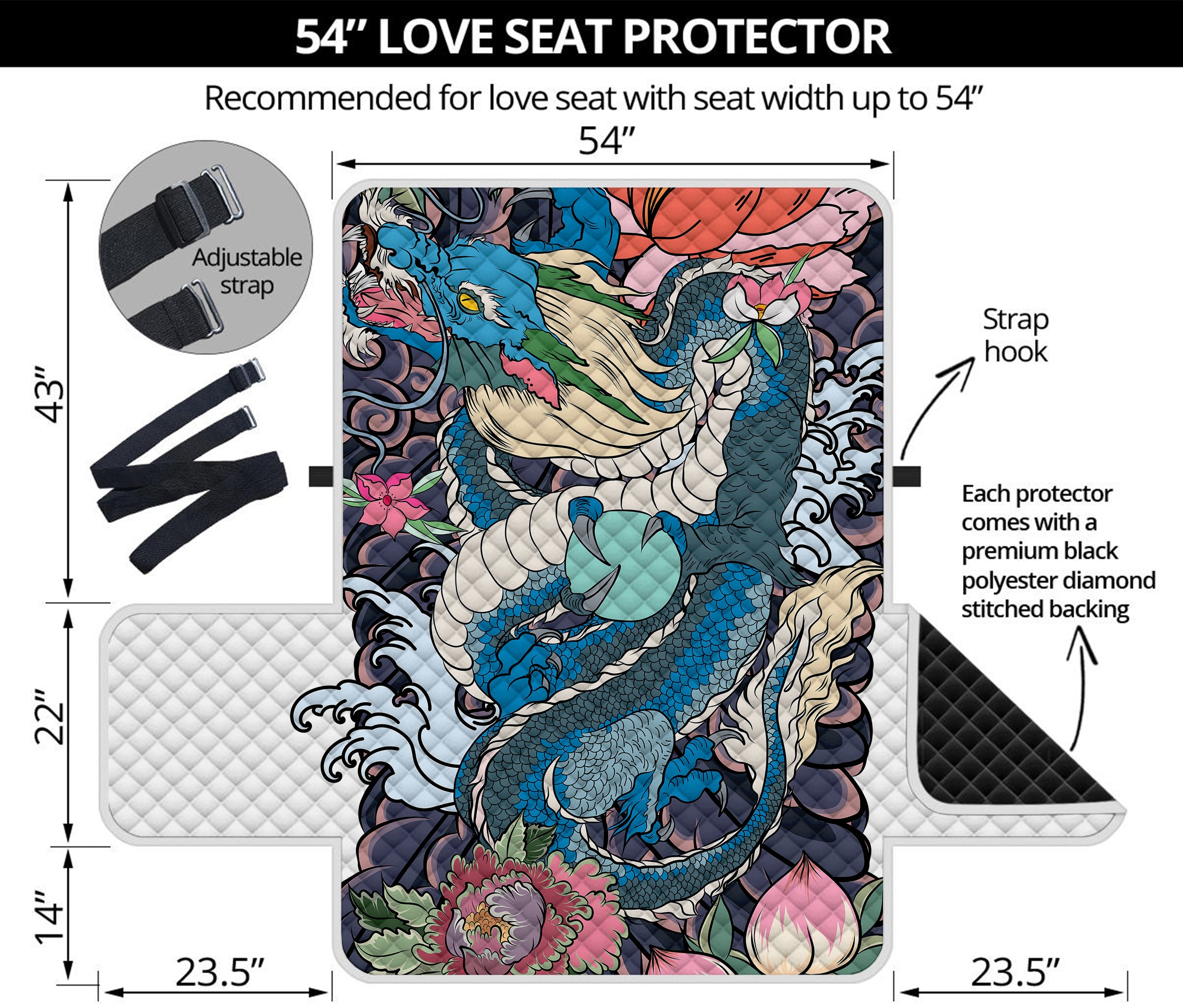 Blue Japanese Dragon Tattoo Print Loveseat Protector