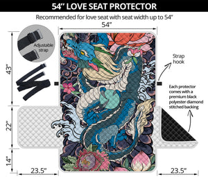 Blue Japanese Dragon Tattoo Print Loveseat Protector