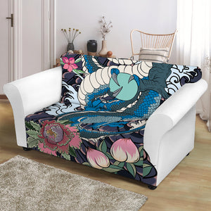 Blue Japanese Dragon Tattoo Print Loveseat Slipcover