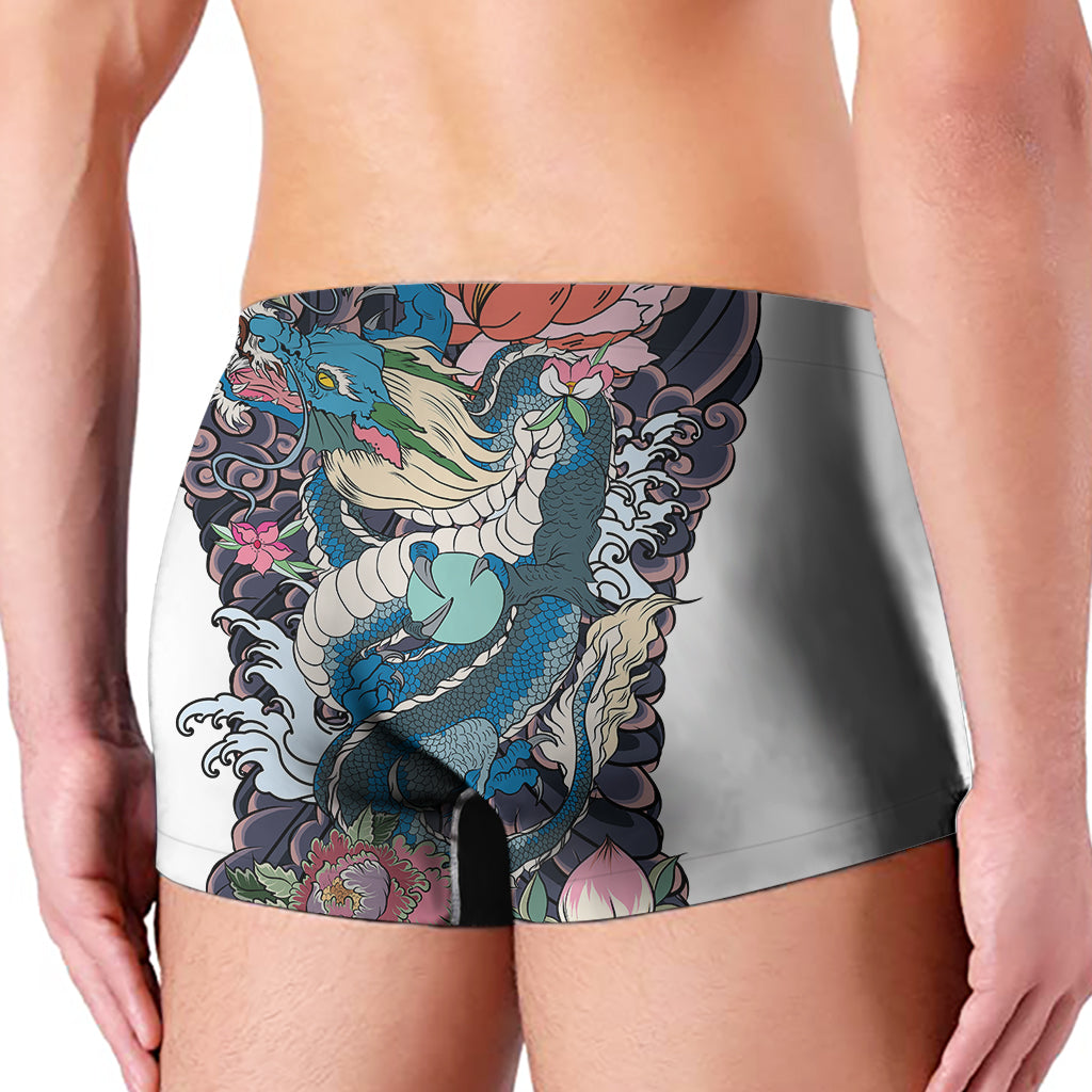 Blue Japanese Dragon Tattoo Print Men's Boxer Briefs