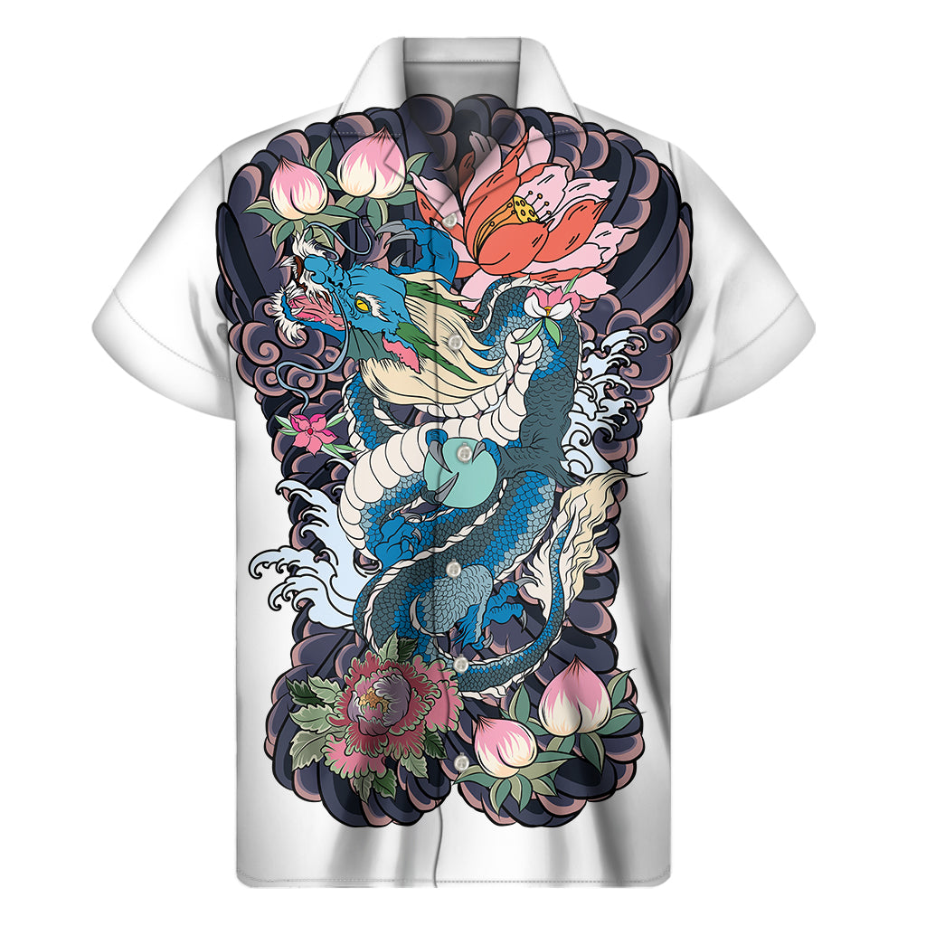 Blue Japanese Dragon Tattoo Print Men's Short Sleeve Shirt