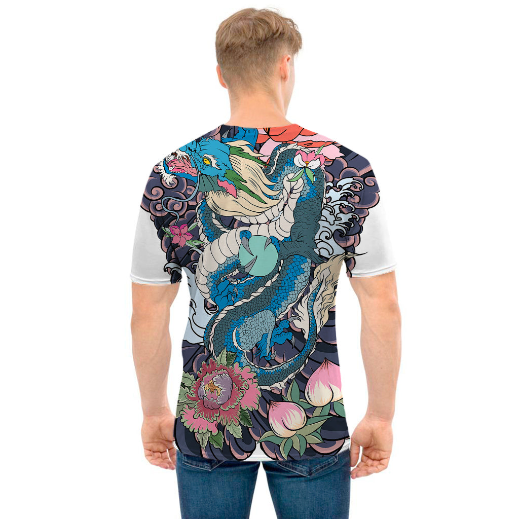 Blue Japanese Dragon Tattoo Print Men's T-Shirt