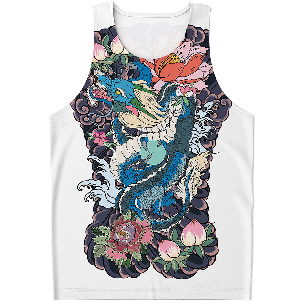 Blue Japanese Dragon Tattoo Print Men's Tank Top