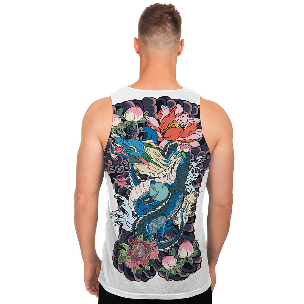 Blue Japanese Dragon Tattoo Print Men's Tank Top