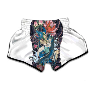 Blue Japanese Dragon Tattoo Print Muay Thai Boxing Shorts