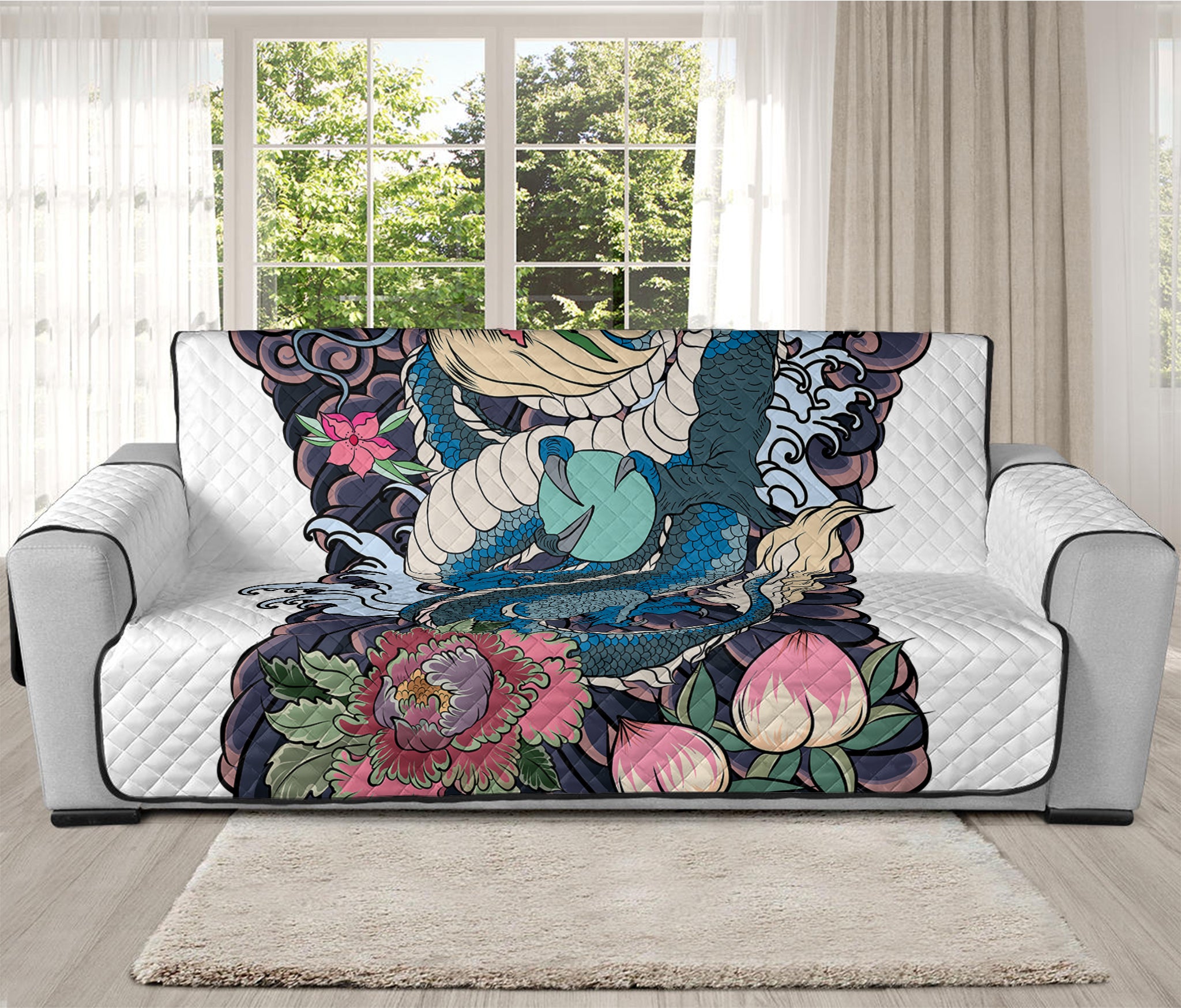 Blue Japanese Dragon Tattoo Print Oversized Sofa Protector