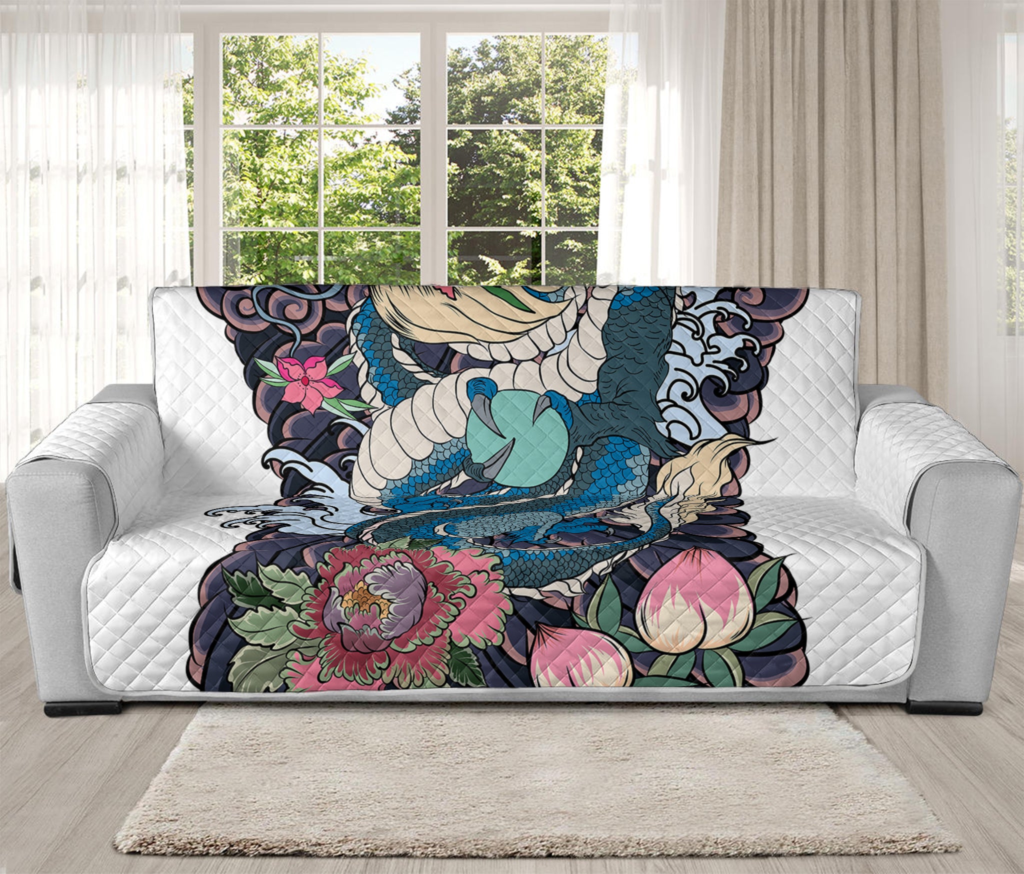 Blue Japanese Dragon Tattoo Print Oversized Sofa Protector