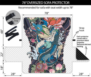 Blue Japanese Dragon Tattoo Print Oversized Sofa Protector