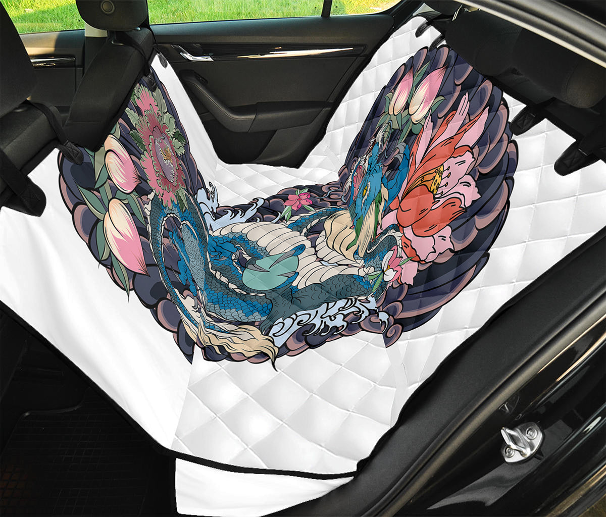 Blue Japanese Dragon Tattoo Print Pet Car Back Seat Cover