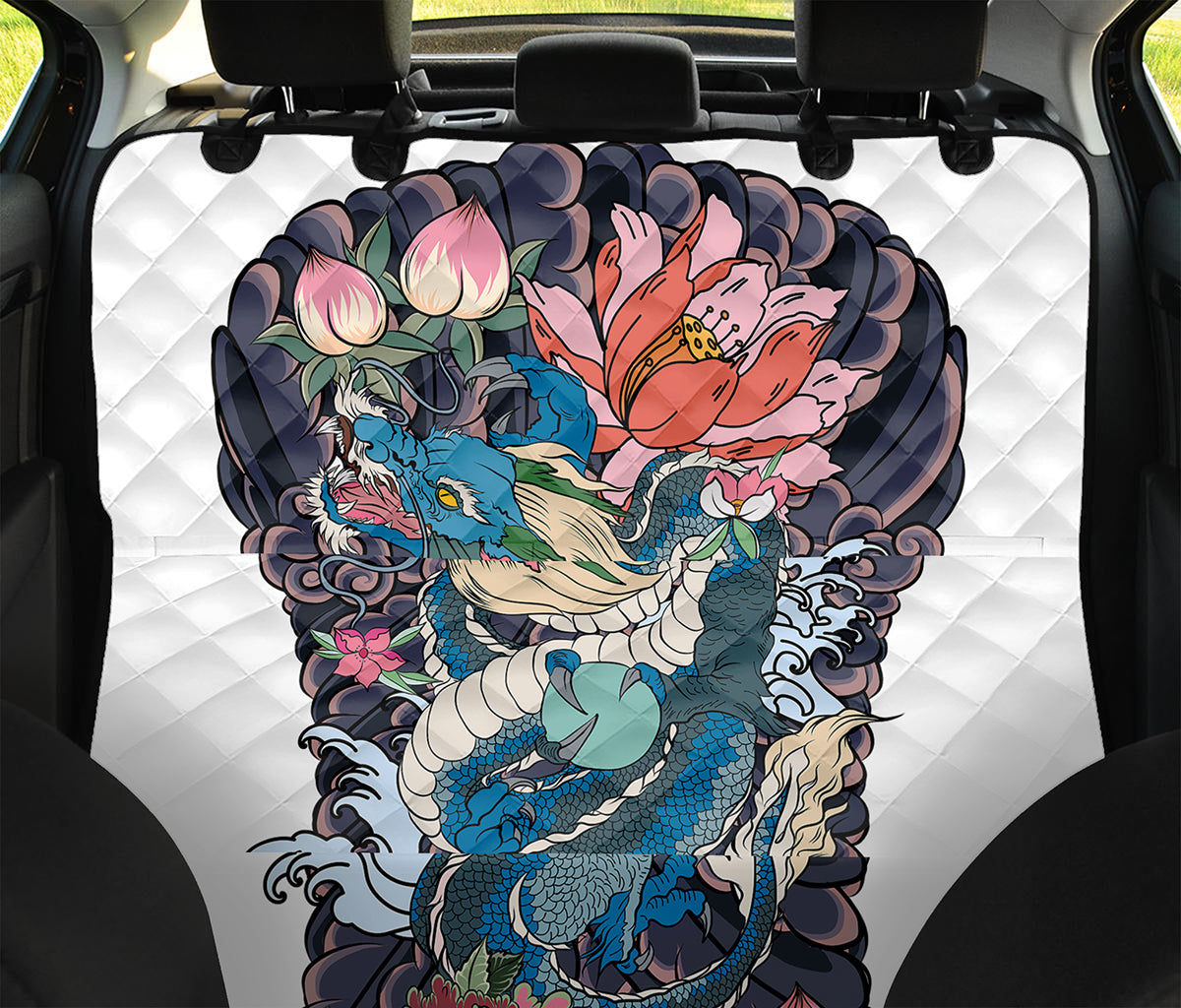 Blue Japanese Dragon Tattoo Print Pet Car Back Seat Cover