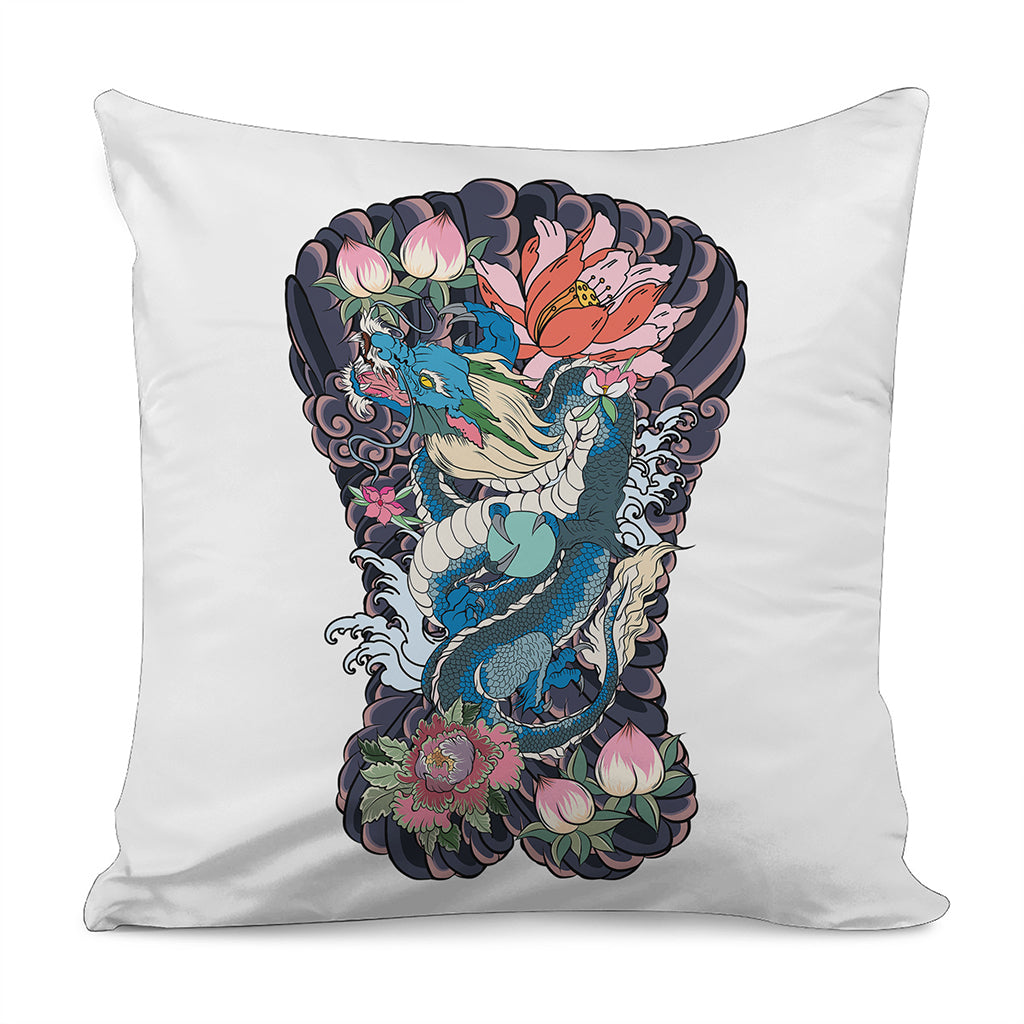 Blue Japanese Dragon Tattoo Print Pillow Cover