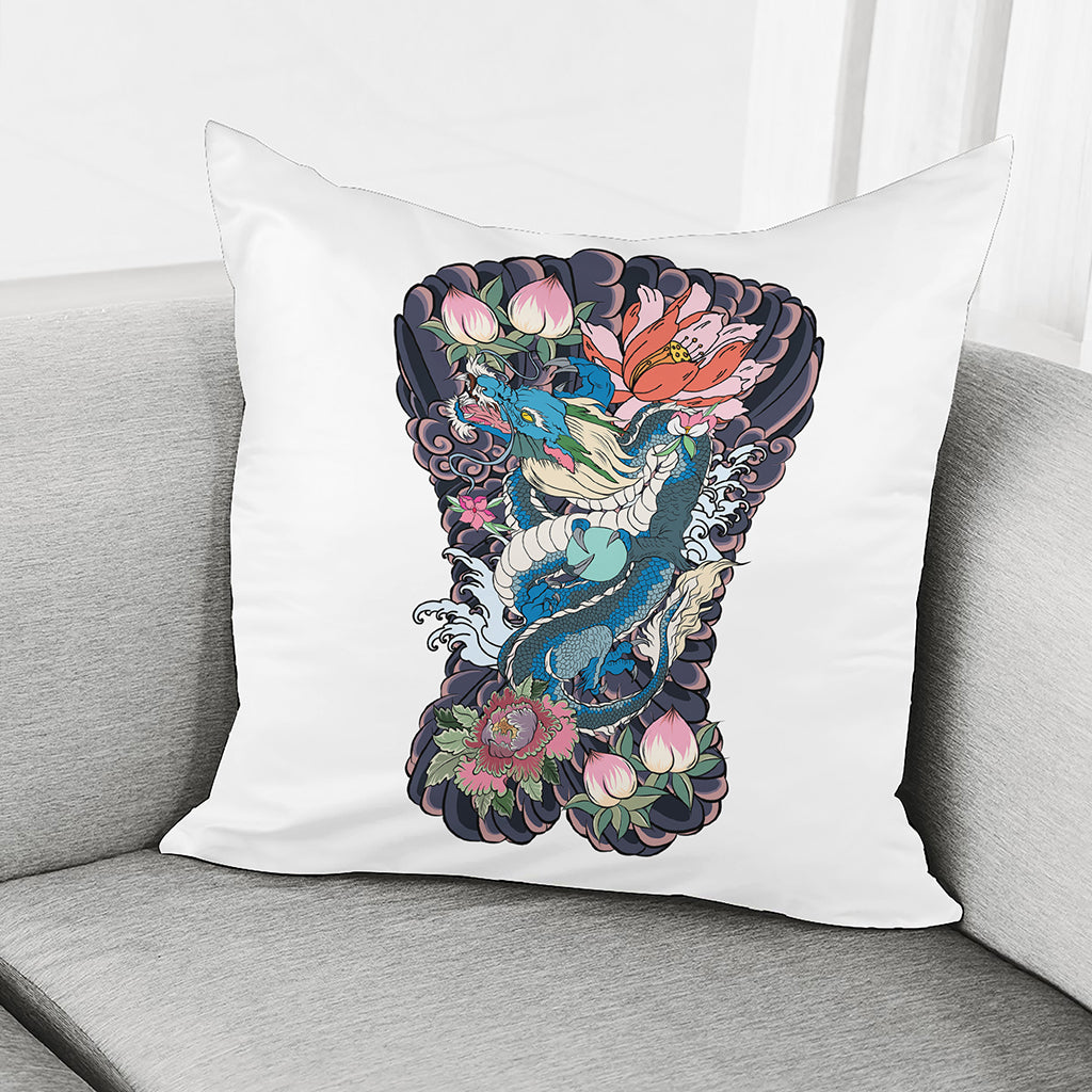 Blue Japanese Dragon Tattoo Print Pillow Cover