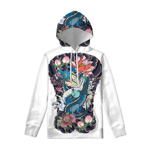 Blue Japanese Dragon Tattoo Print Pullover Hoodie