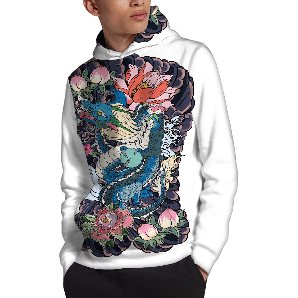 Blue Japanese Dragon Tattoo Print Pullover Hoodie