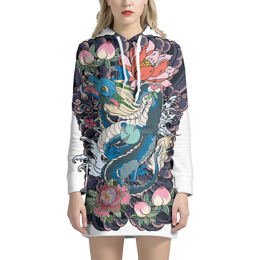 Blue Japanese Dragon Tattoo Print Pullover Hoodie Dress