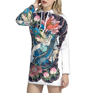 Blue Japanese Dragon Tattoo Print Pullover Hoodie Dress