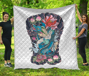 Blue Japanese Dragon Tattoo Print Quilt