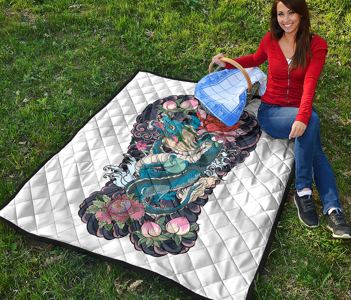 Blue Japanese Dragon Tattoo Print Quilt