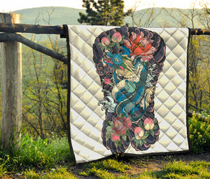 Blue Japanese Dragon Tattoo Print Quilt