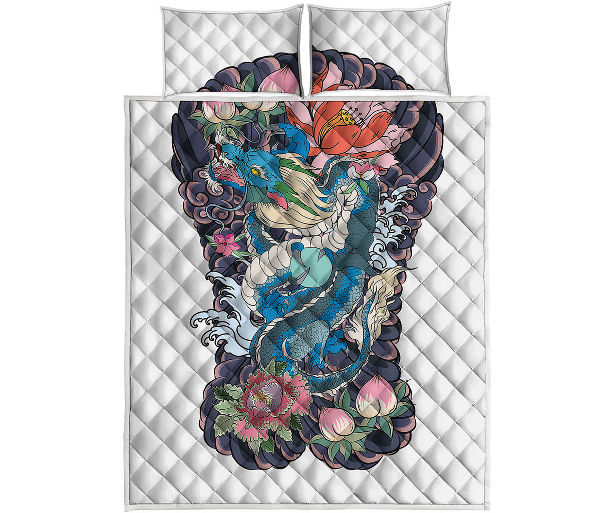 Blue Japanese Dragon Tattoo Print Quilt Bed Set