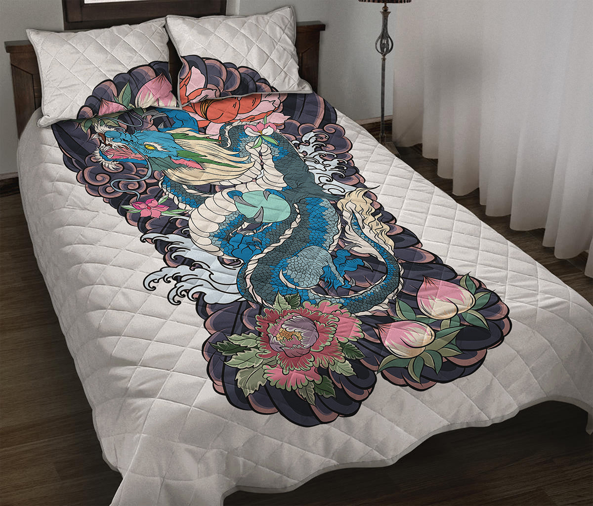 Blue Japanese Dragon Tattoo Print Quilt Bed Set