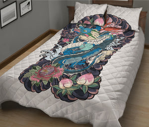 Blue Japanese Dragon Tattoo Print Quilt Bed Set