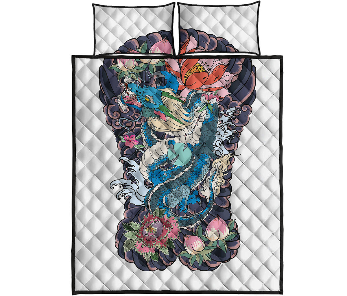 Blue Japanese Dragon Tattoo Print Quilt Bed Set