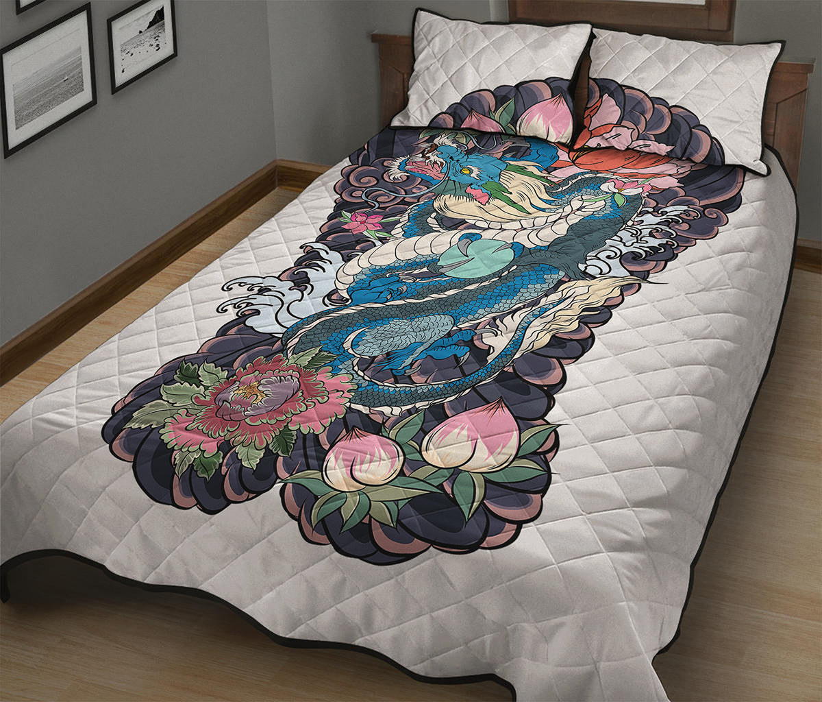 Blue Japanese Dragon Tattoo Print Quilt Bed Set