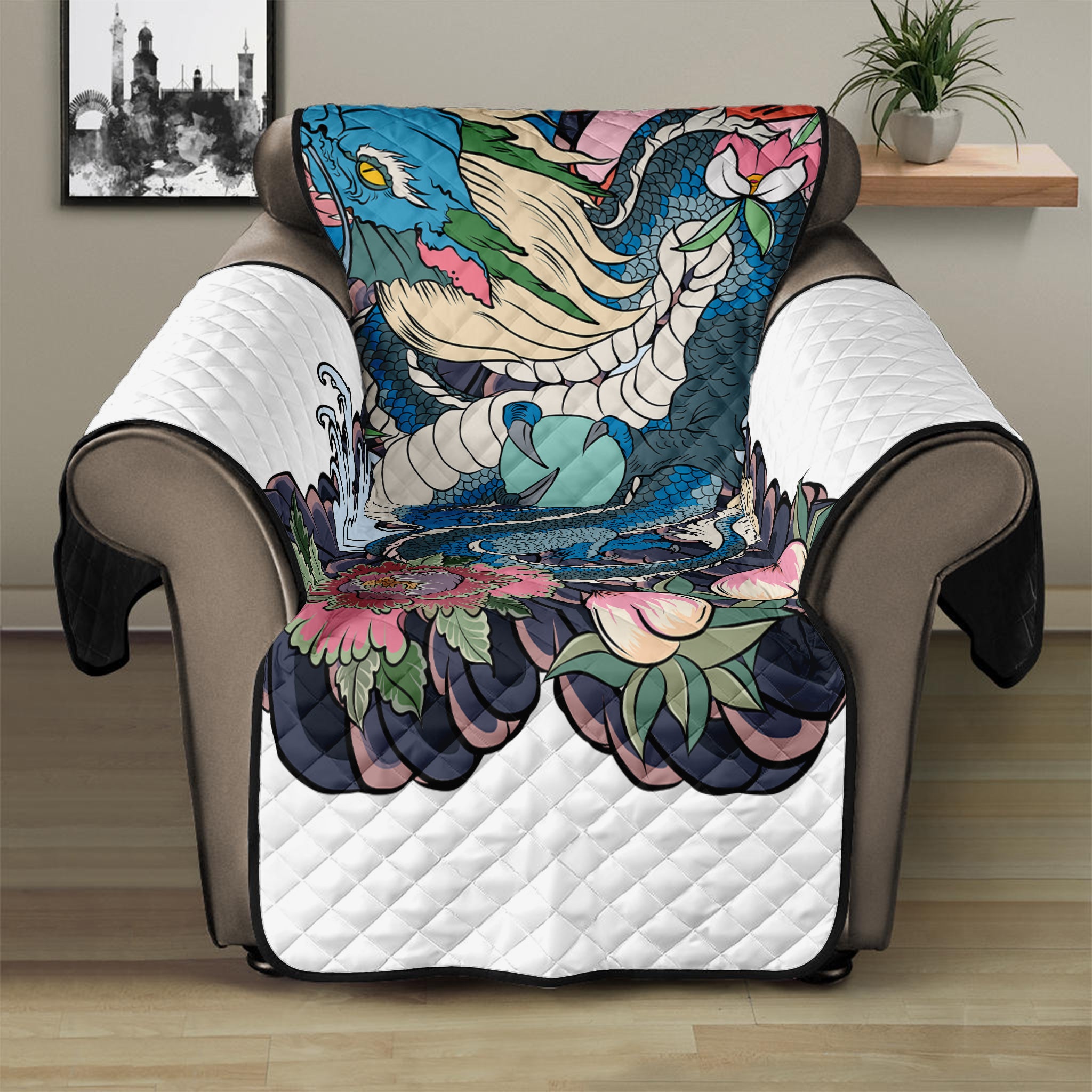 Blue Japanese Dragon Tattoo Print Recliner Protector