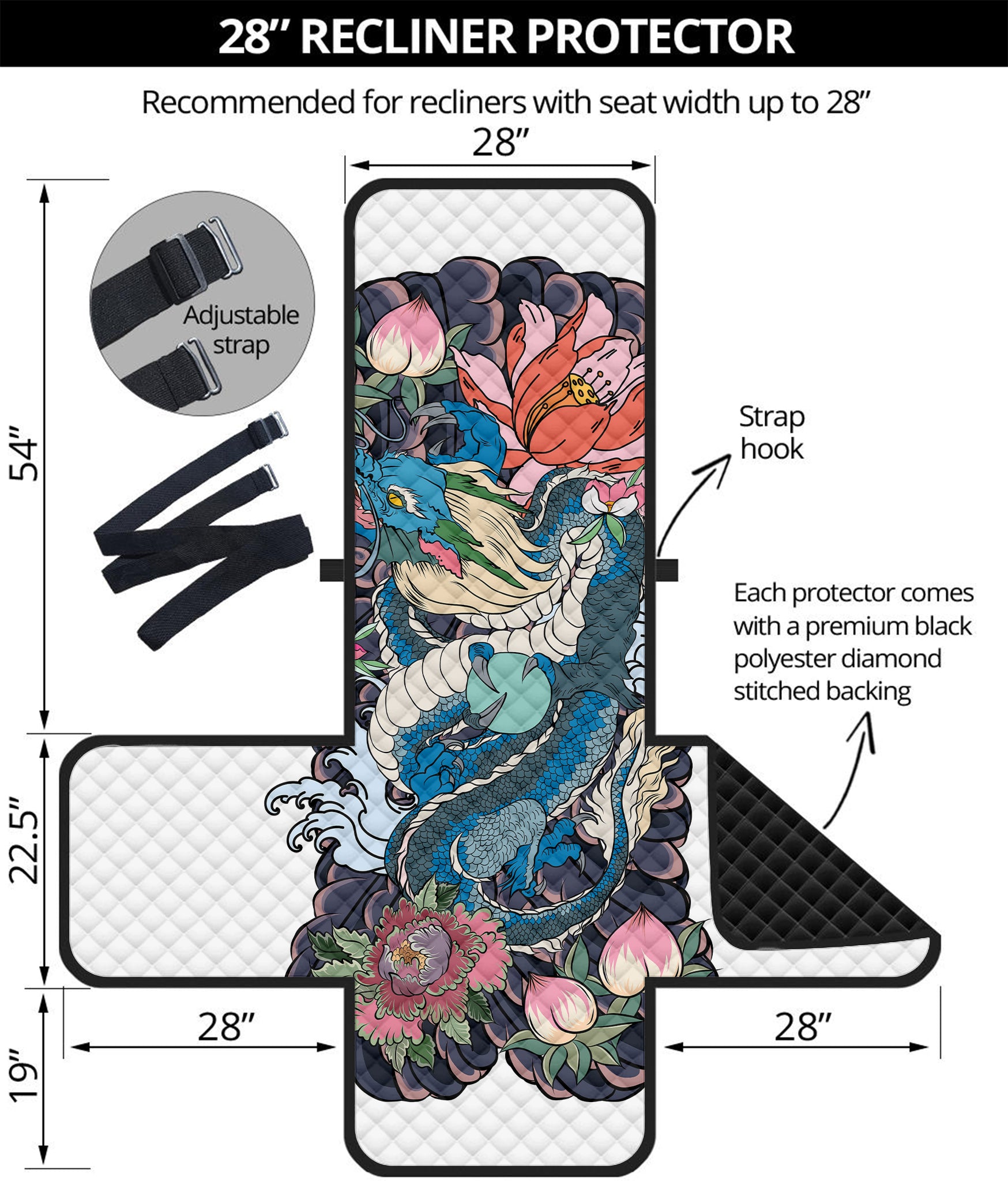 Blue Japanese Dragon Tattoo Print Recliner Protector