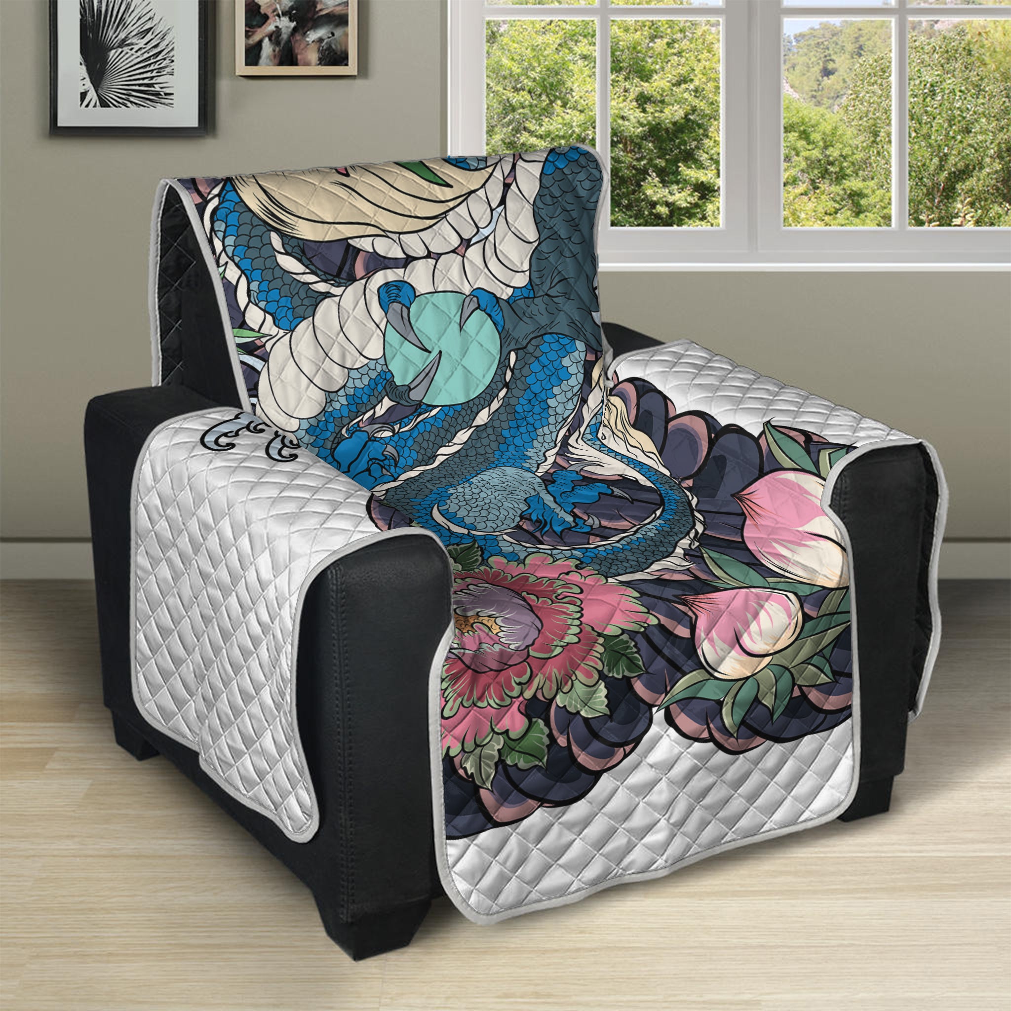 Blue Japanese Dragon Tattoo Print Recliner Protector