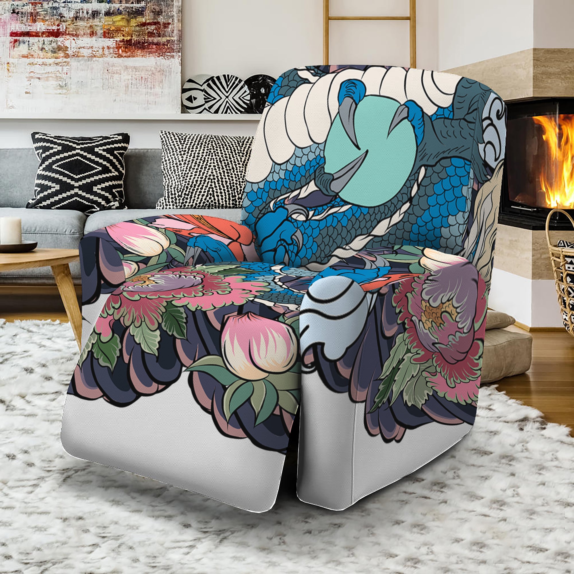 Blue Japanese Dragon Tattoo Print Recliner Slipcover