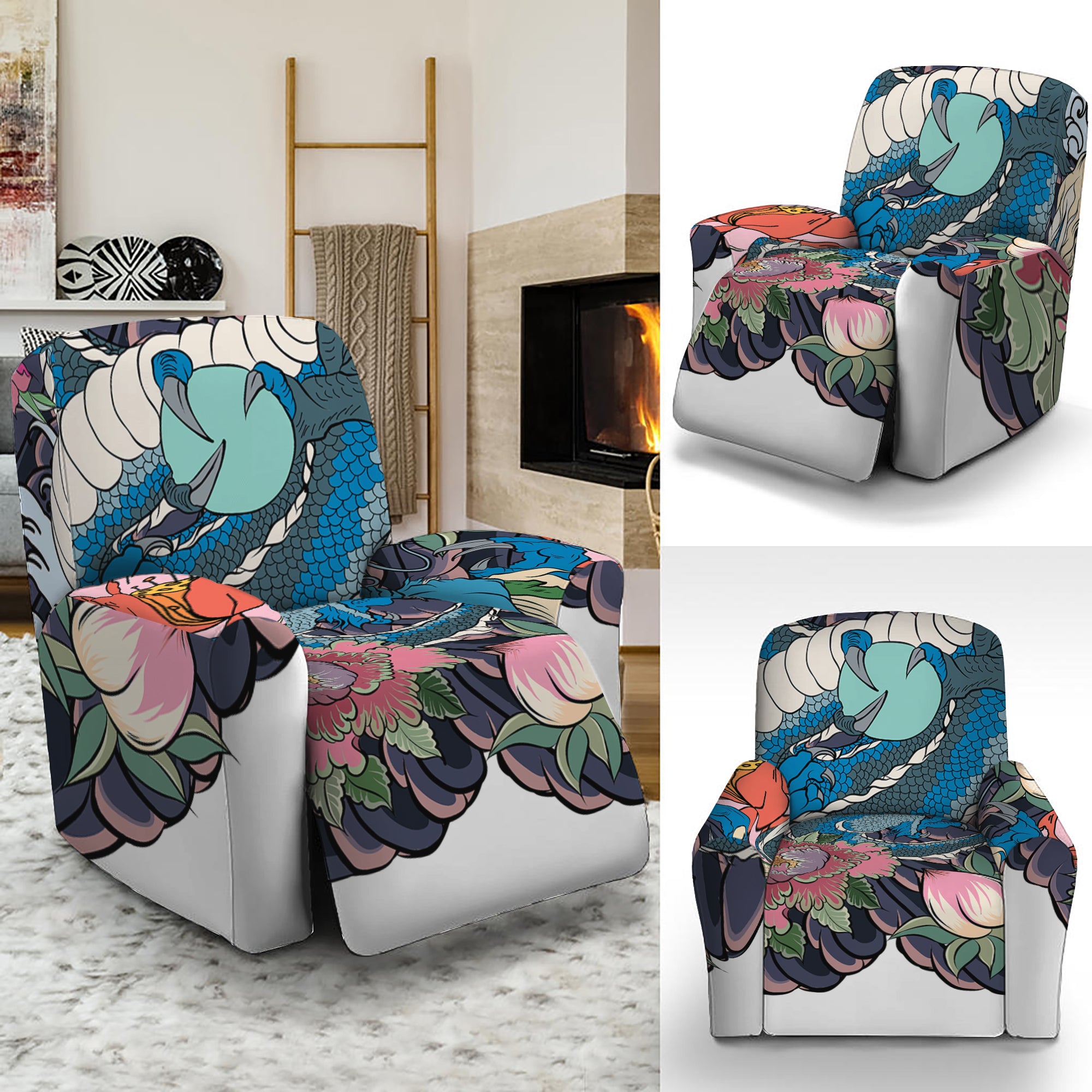 Blue Japanese Dragon Tattoo Print Recliner Slipcover