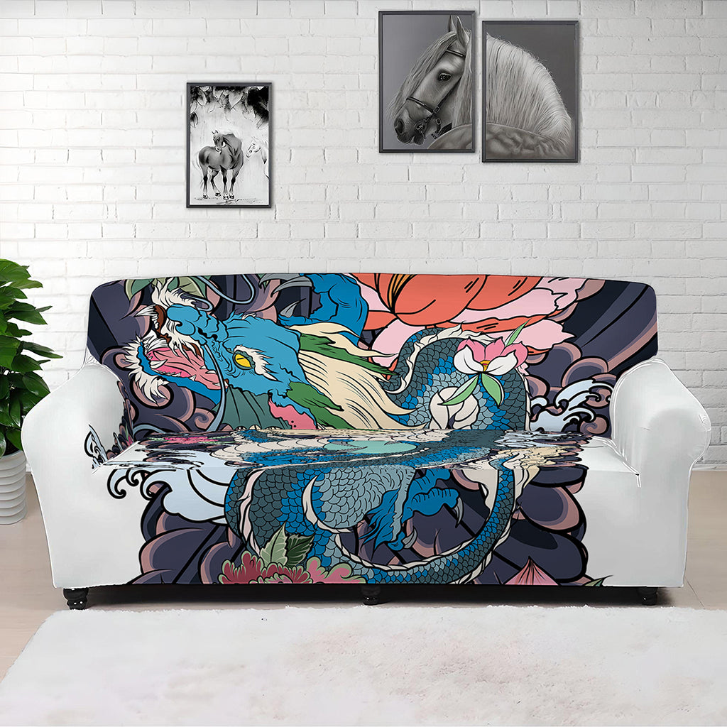 Blue Japanese Dragon Tattoo Print Sofa Cover