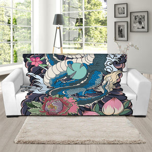 Blue Japanese Dragon Tattoo Print Sofa Slipcover